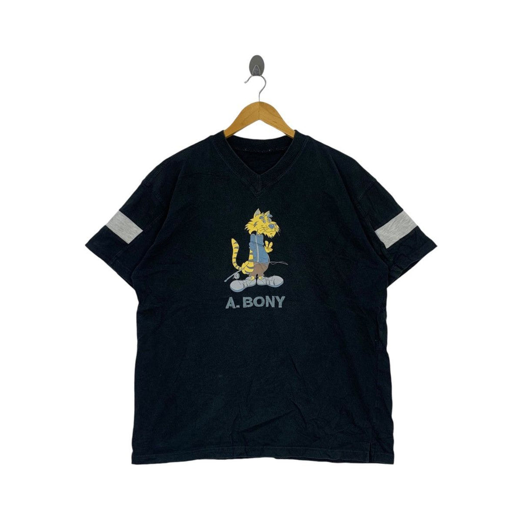 Vintage A.BONY TIGER CARTOON Fishing Tee Shirt Top V Neck Raglan