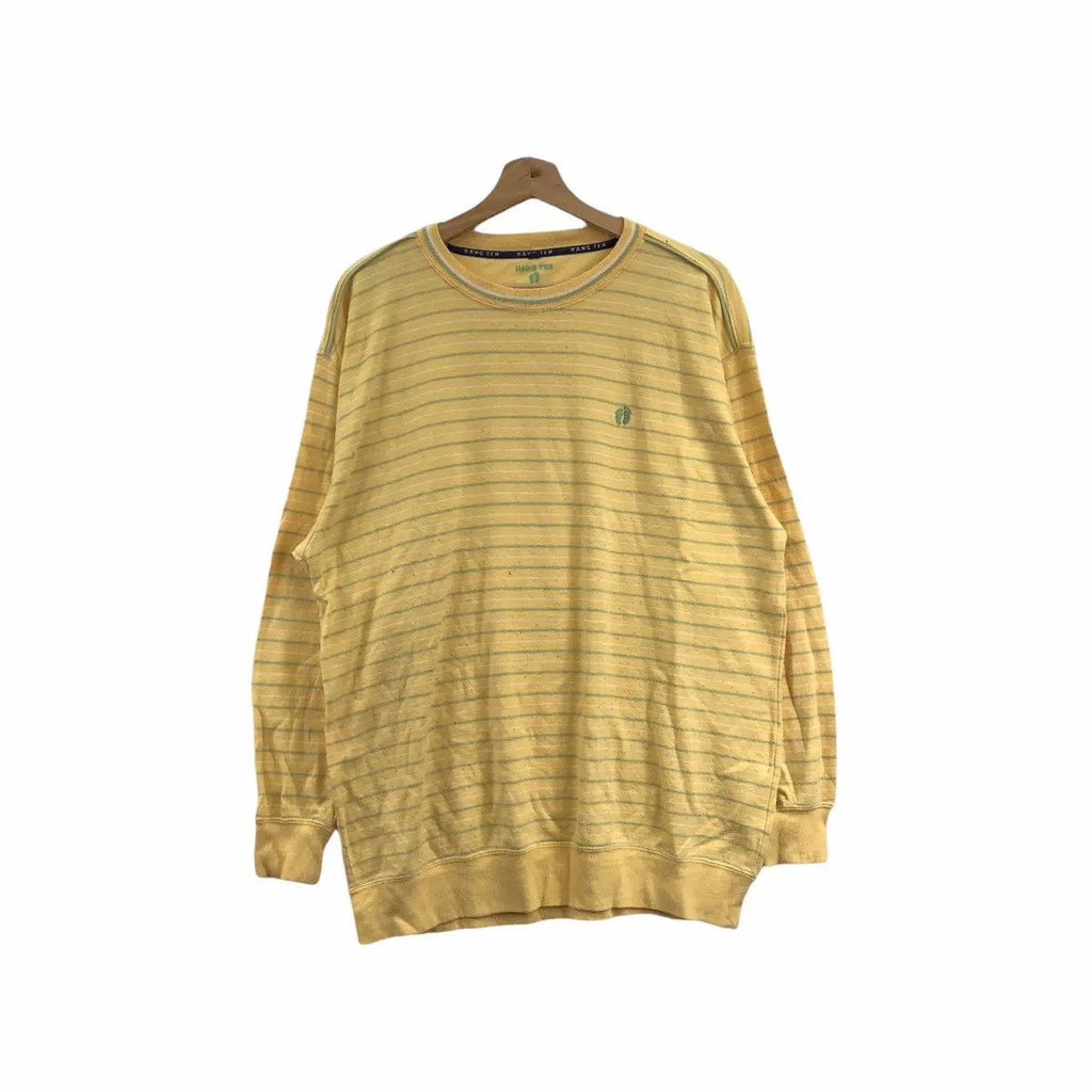 Vintage HANG TEN SURFING Hawaii Striped Yellow Sweater Sweatshirt Honolulu Beach Tee Shirt