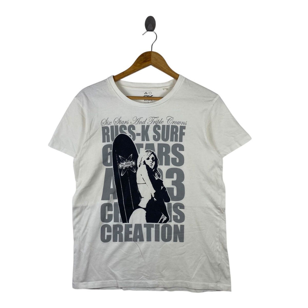 RUSS-K SURF Six Stars &amp; Tripple Crown Illustration Tee Shirt Top Size Vacation Beach