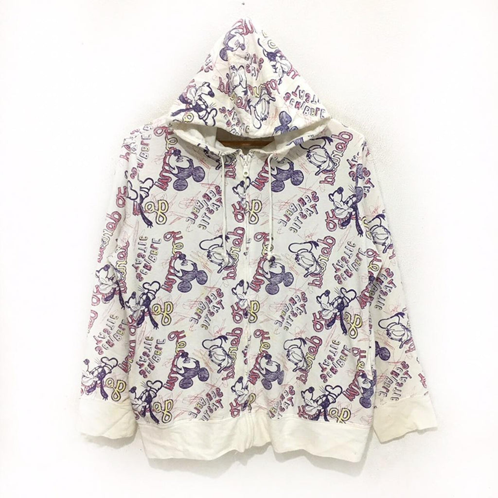 Vintage WALT DISNEY WORLD Disneyland Themepark Mickey Mouse Donald Duck Full Print Hoodie Hooded Zipper Jumper Pullover Sweater