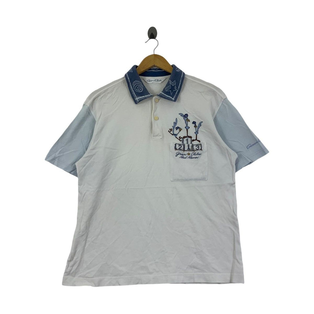 Vintage GREEN CLUBS ROAD RUNNERS Polo Tee Shirt Top Looney Tunes Cartoon