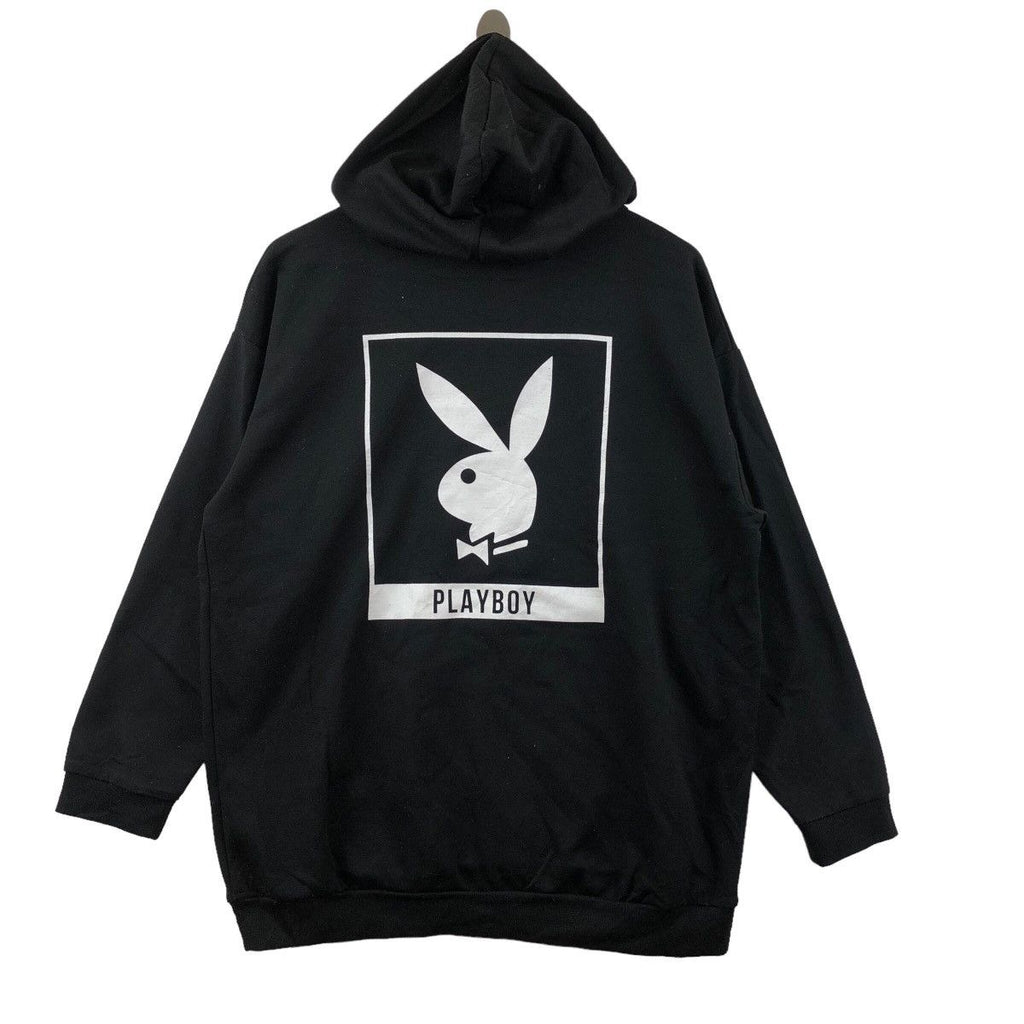 Vintage PLAYBOY BUNNY Cut Sew Design Baggy Black Hoodie Sweatshirt Sweater Pullover Jumper