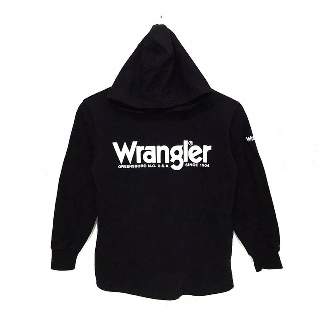 Vintage WRANGLER USA Big Logo Black Hoodie Pullover Jumper Sweater Jeans Spell Out