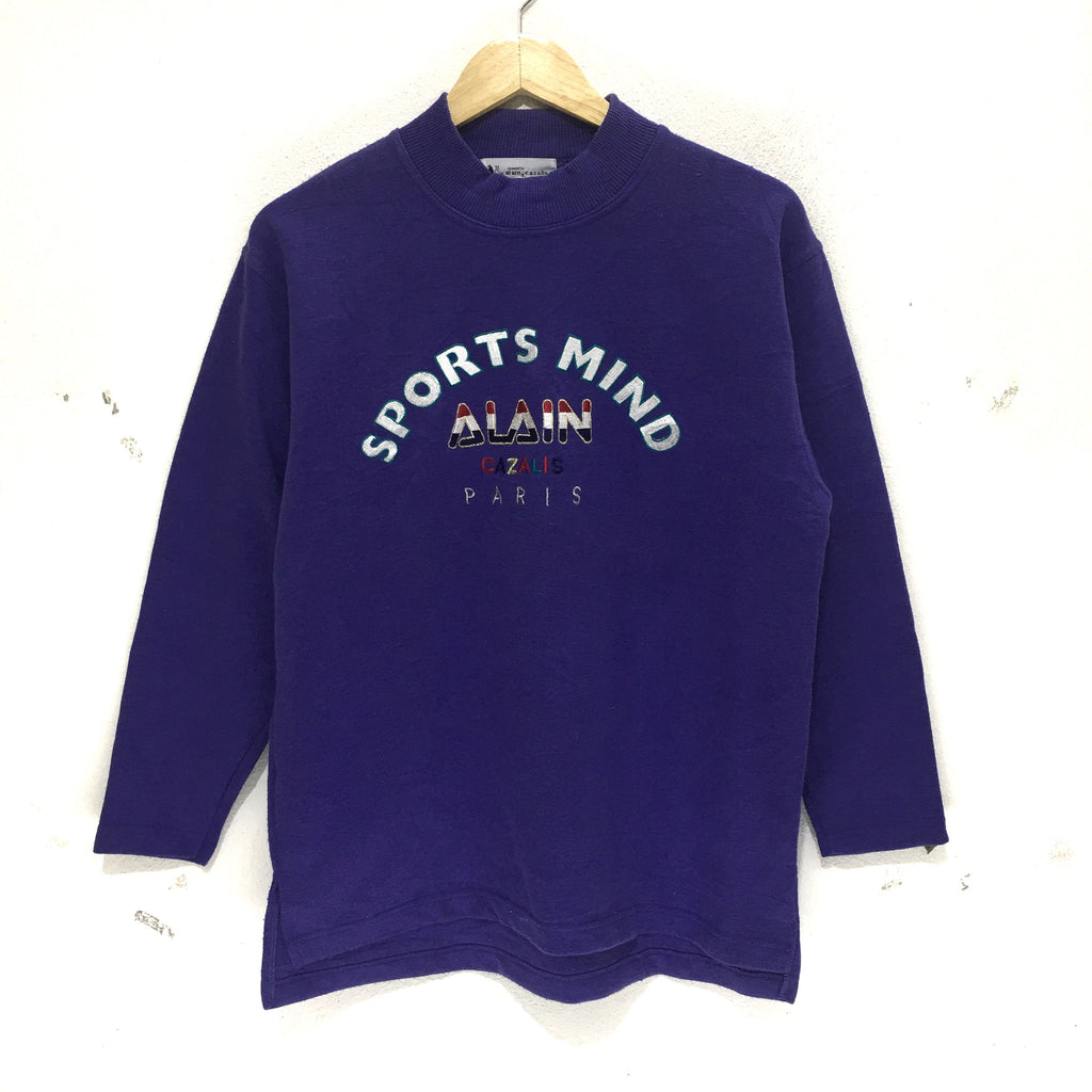 Vintage ALAIN CAZALIS PARIS Sports Mind Purple Sweatshirt Embroidered Logo Jumper Sweater