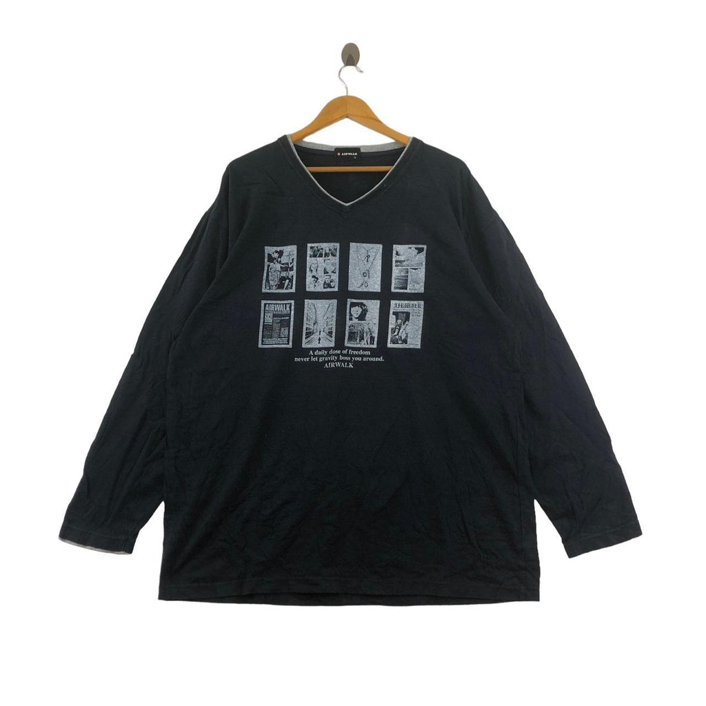 Vintage AIRWALK SKATEBOARD Freedom Rebel Street Tee Shirt V Neck Long Sleeve