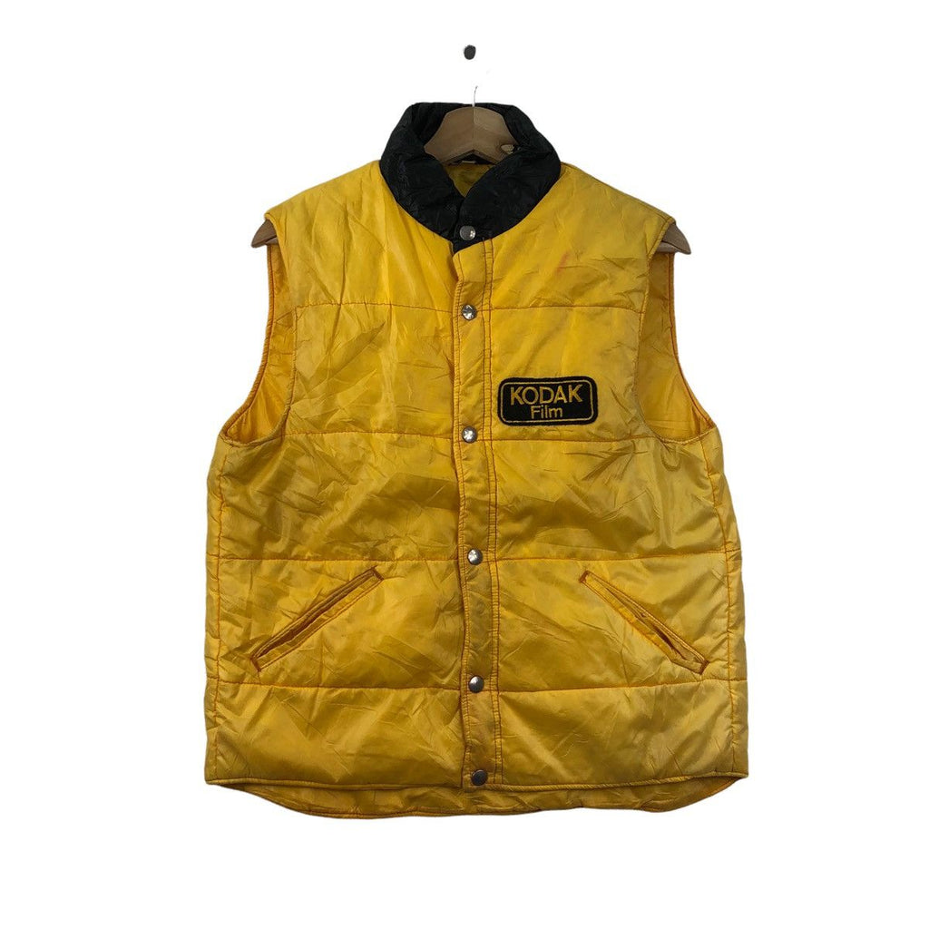 Vintage KODAK FILM CAMERA Yellow Patchwork Light Puffer Vest Jacket Winter Ski Windbreaker Quilted