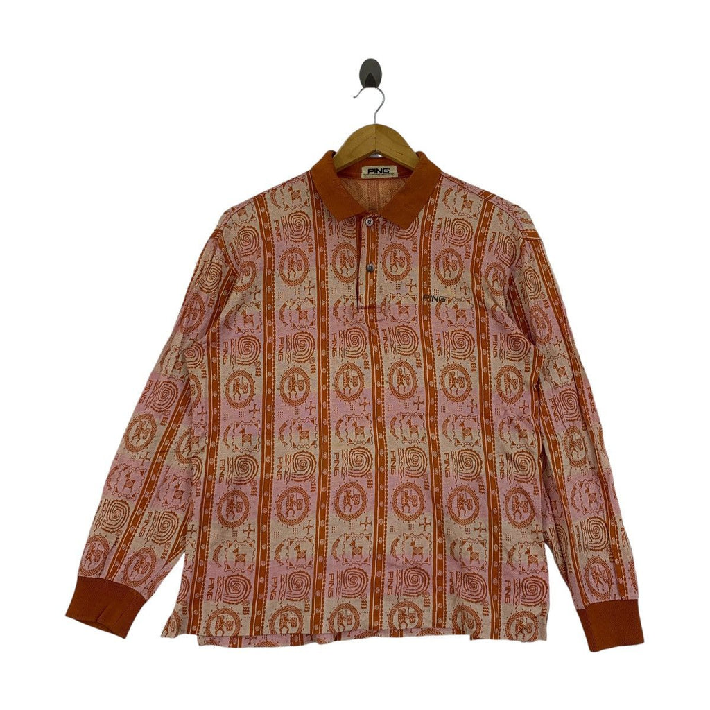 Vintage 90’ NAVAJO NATIVE AZTECH Over Print Polo Tee Shirt Top Long Sleeve