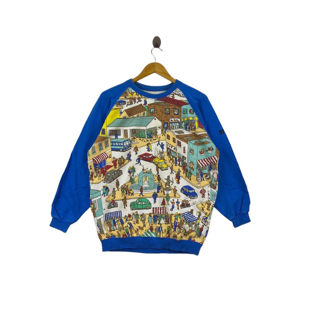Vintage WHERE’S WALLY WALDO Puzzle Handford Sweatshirt Sweater Pullover Jumper Cartoon Comic Strip