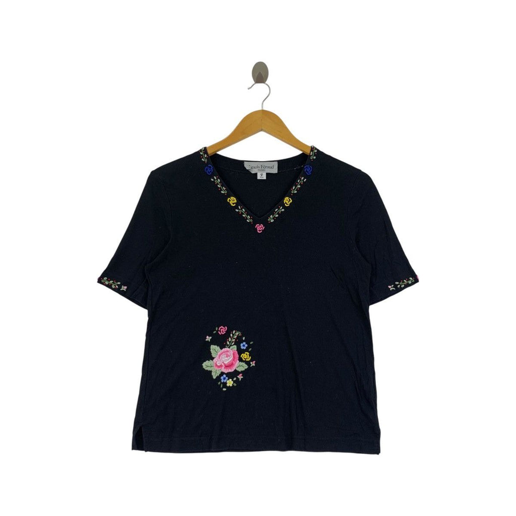 Vintage LOUIS FERAUD PARIS Embroidered Flower Tee Shirt Top V Neck Knitwear