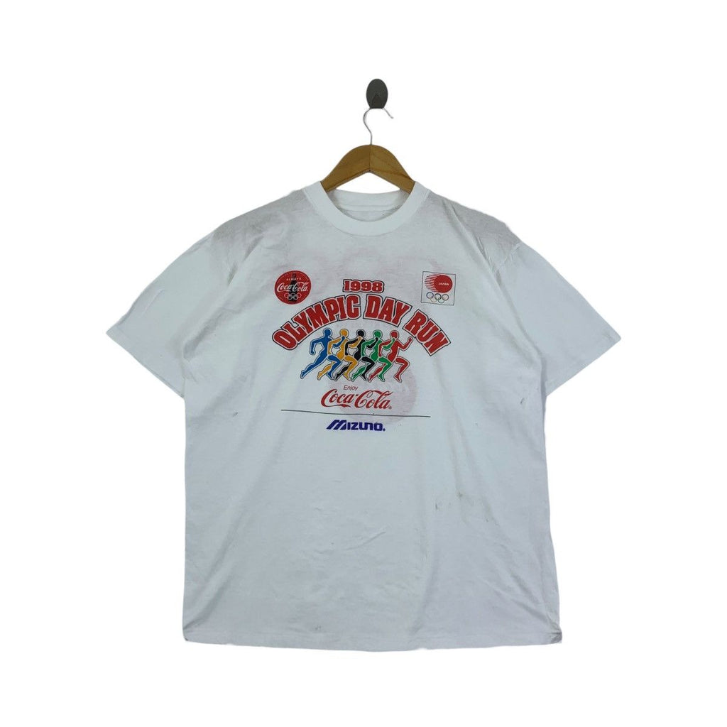 Vintage 1998 COCA COLA OLYMPIC Day Run Tee Shirt Top Mizuno Japan Ads Promo