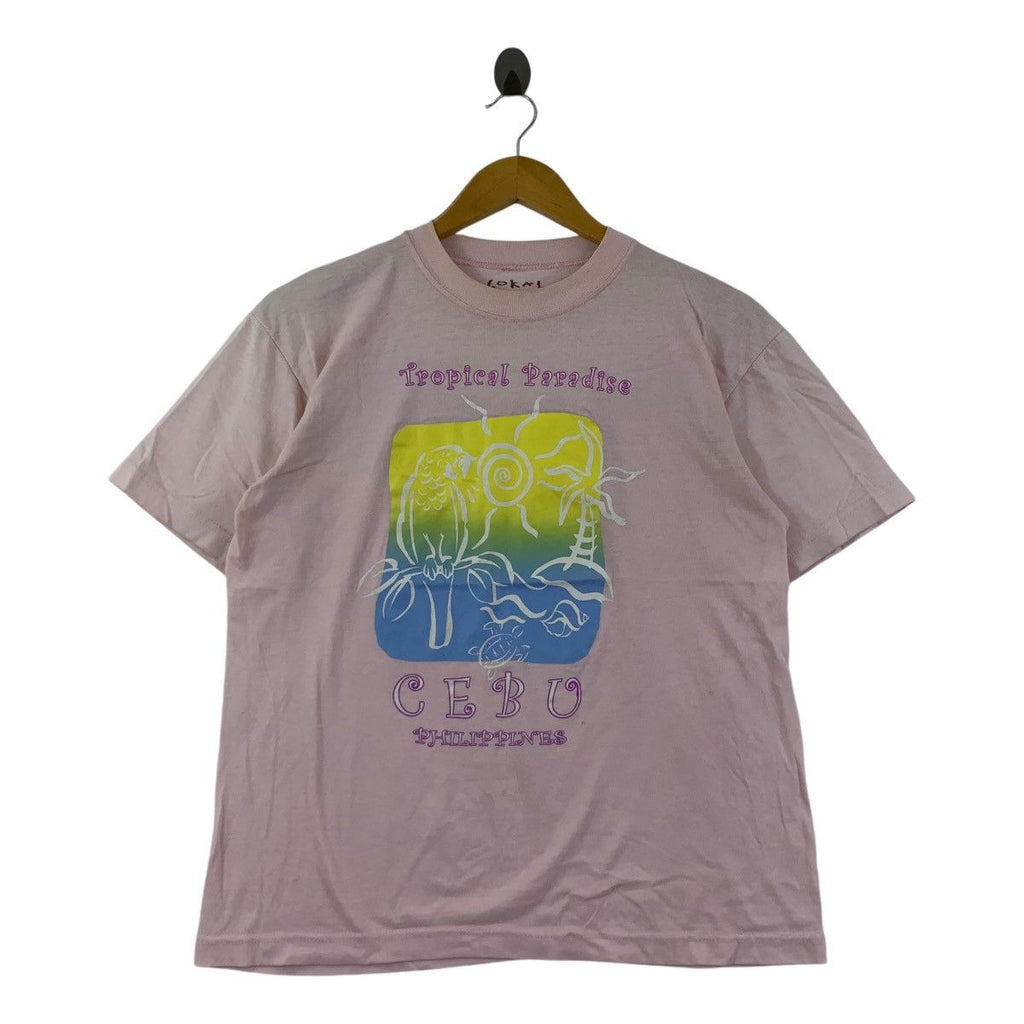 Vintage CEBU TROPICAL PARADISE Island Tee Shirt Top Pink Surf