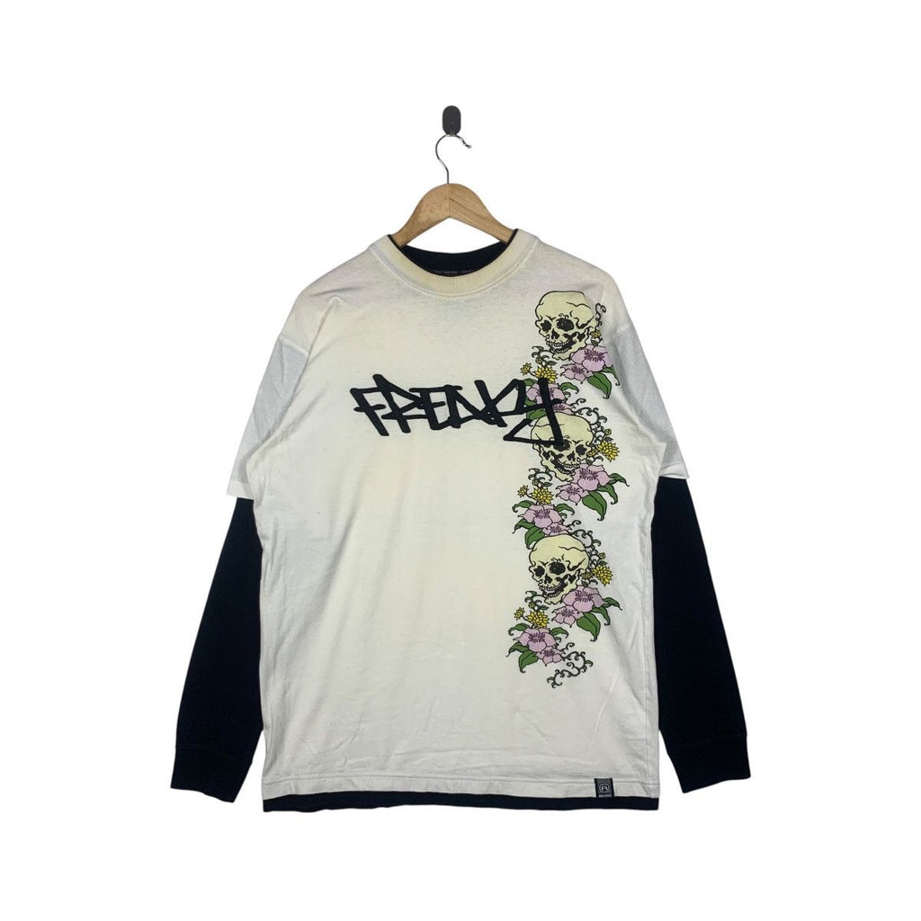 Vintage FREAKY MASSIVE Y2K Bones Floral Raglan Tee Shirt Top Skull Long Sleeve