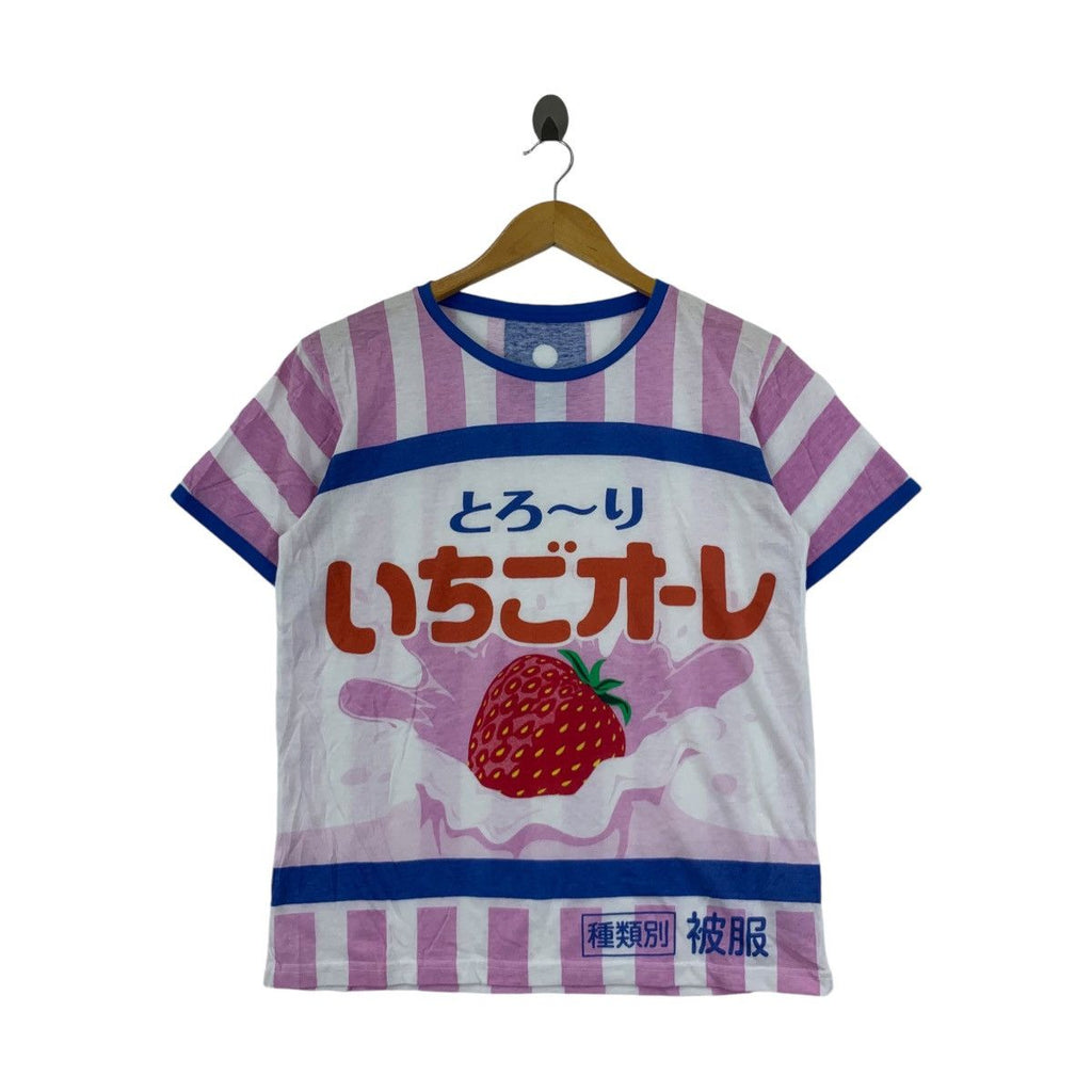 Vintage JAPAN STRAWBERRY MILK Anime AOP Tee Shirt Top Striped Over Print