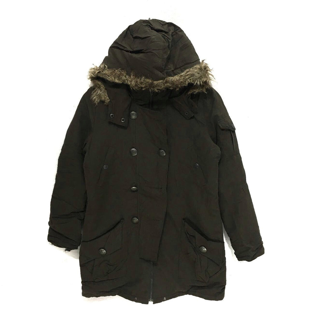 Vintage CECIL MCBEE JAPAN Faux Fur Stamp Button Parka Coat Trench Jacket Peacoat Double Breasted