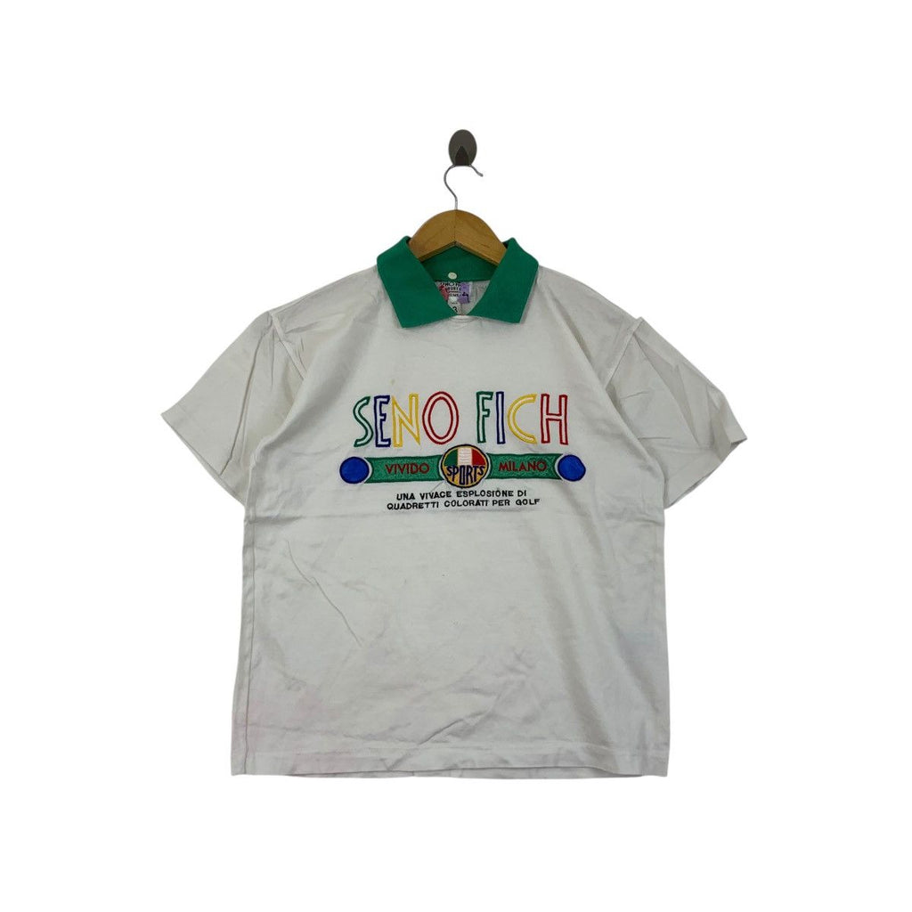 Vintage SENO FICH SPORTS Vivido Milano Embroidered Tee Shirt Top Polo Collar