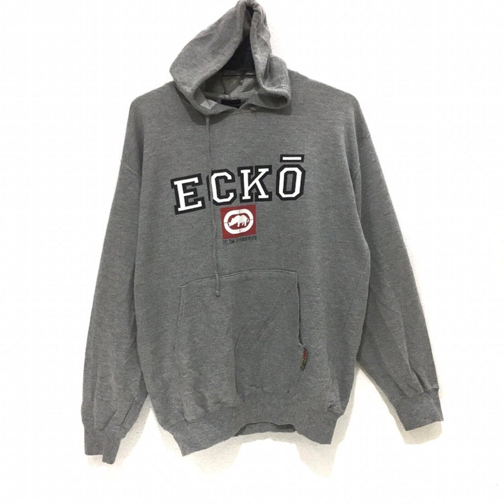 Vintage ECKO UNLIMITED Skateboard Big Logo Streetwear Gray Hoodie Pullover Sweater Jumper Peralta USA New York Pop Art