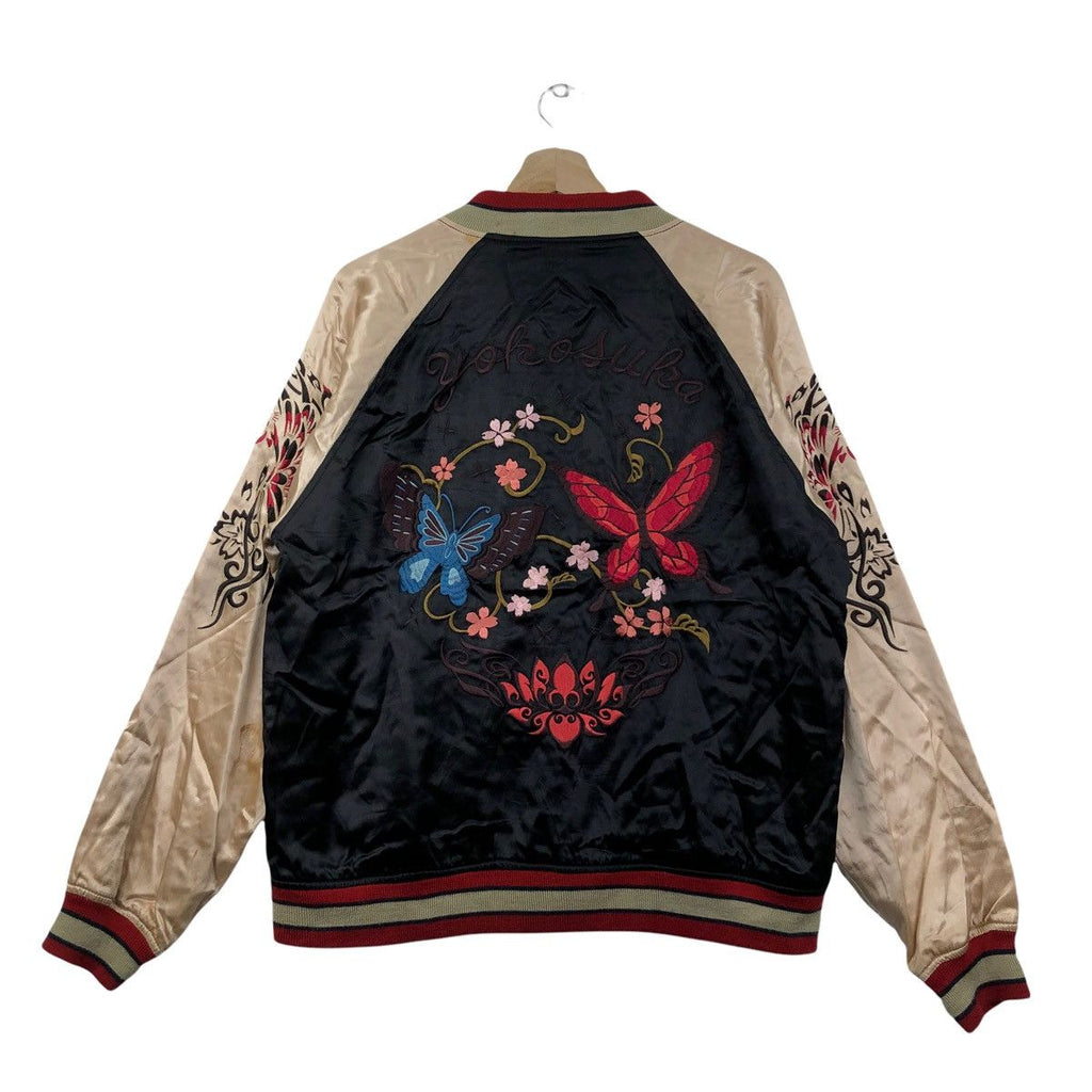 Vintage SUKAJAN JAPAN HOUSTON Butterfly Floral Lotus Bomber Jacket Flight Rayon Souvenir
