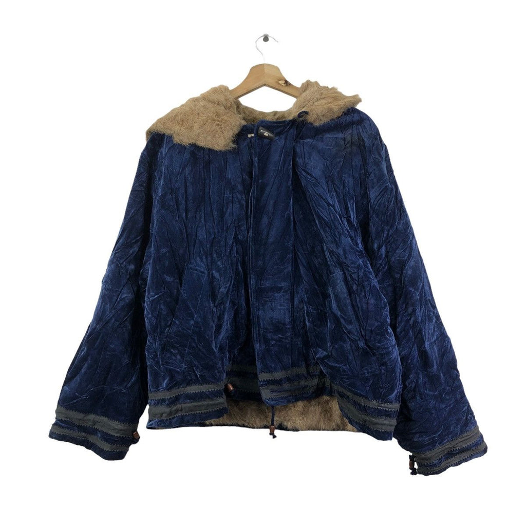 Vintage INTERIOR EXTERIOR CLOTHES Faux Fur Velvet Blue Jacket Heavy Coat Hoodie Parka Made In Japan