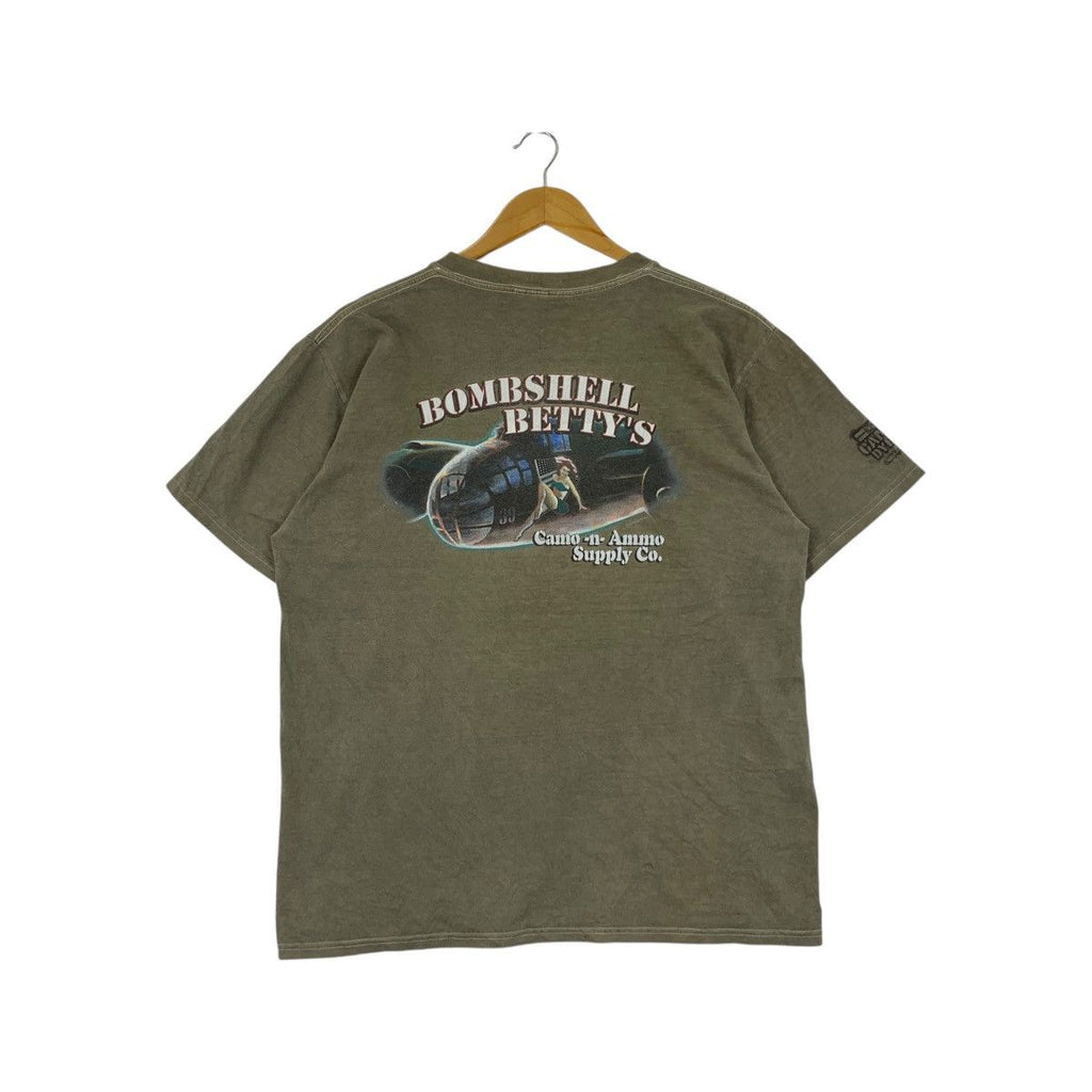 Vintage CRAZY SHIRTS CAMO DYED Bombshell Betty’s Tee Shirt Top Military Peace