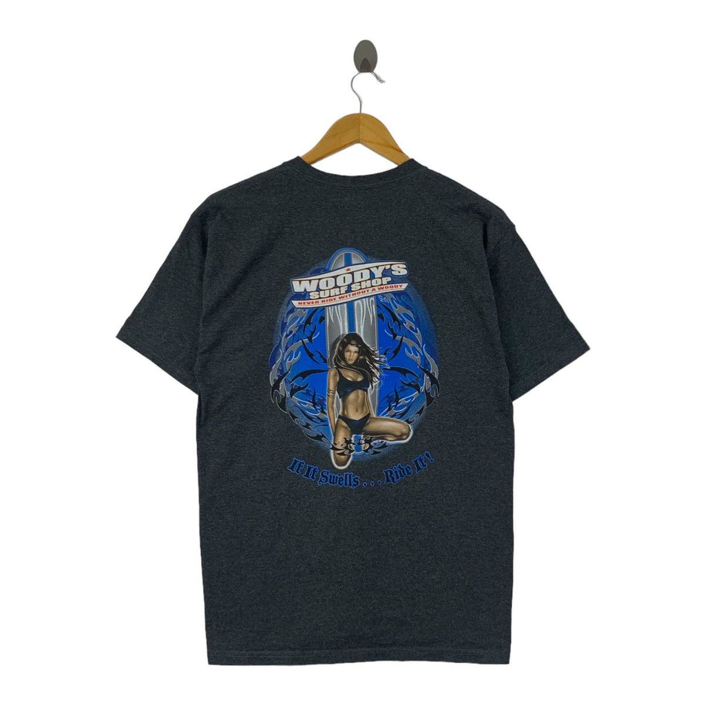 Vintage WOODY’S SURF SHOP Natural Sun Faded Tee Shirt Top Beach Summer Vacation