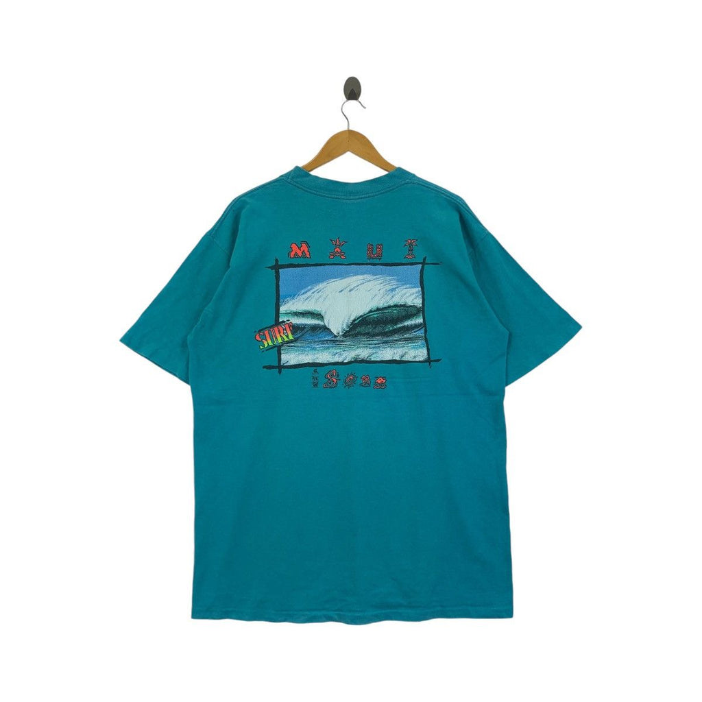 Vintage 90’ MAUI & SONS SURF Big Wave Artwork Tee Shirt Top Beach Hawaii