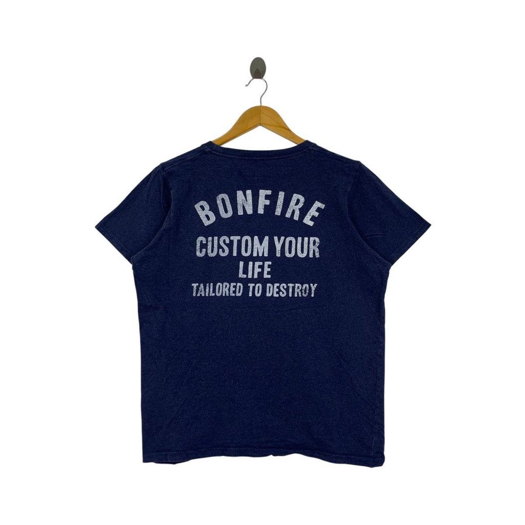 BONFIRE JAPAN OUTDOOR Natural Pure Indigo Tee Shirt Top Great Explorer Destroy