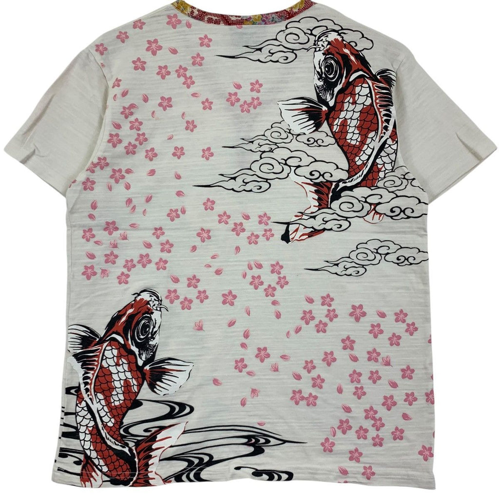 Vintage JAPAN TRADITIONAL KARAKURI Koi Sakura Tee Shirt Top Henley Over Print AOP