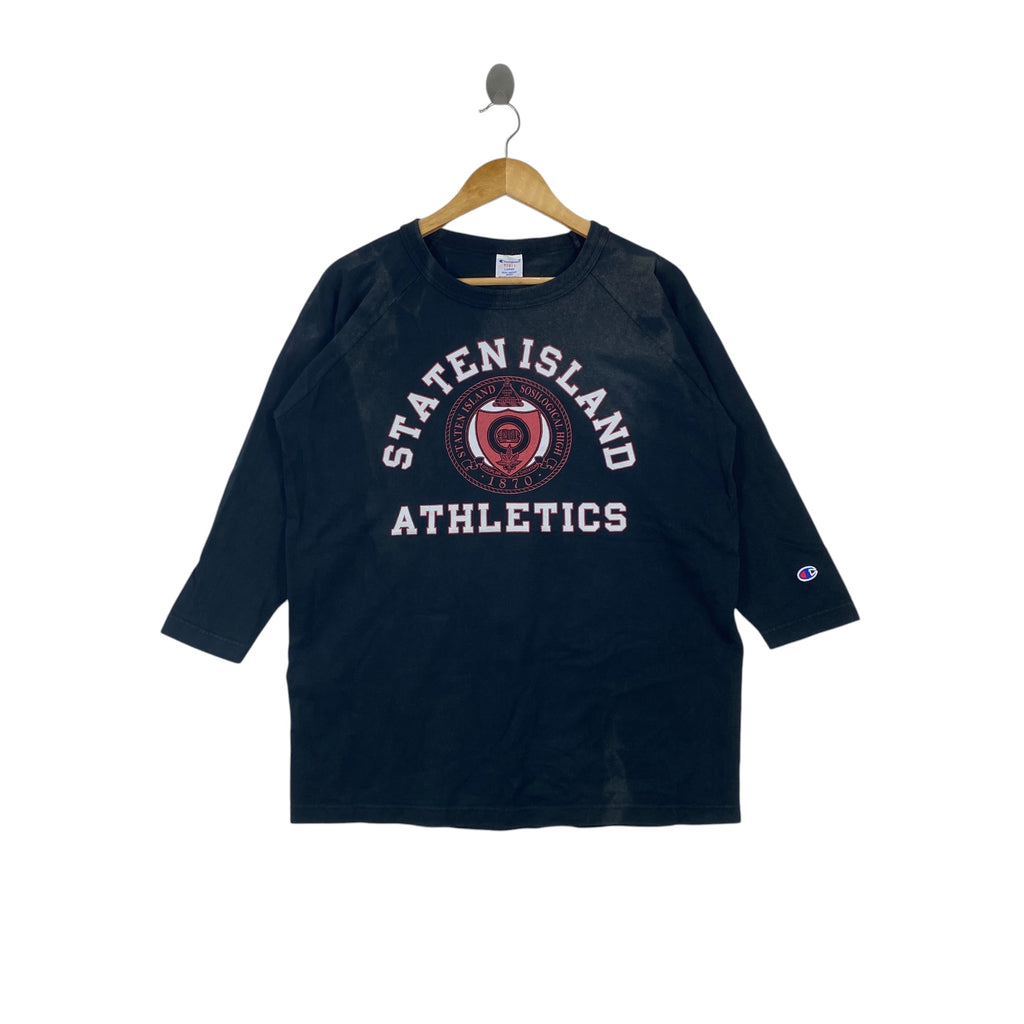 Vintage CHAMPION STATEN ISLAND Athletics Graphic 3/4 Sleeve Raglan Tee Shirt Heavyweight Jersey