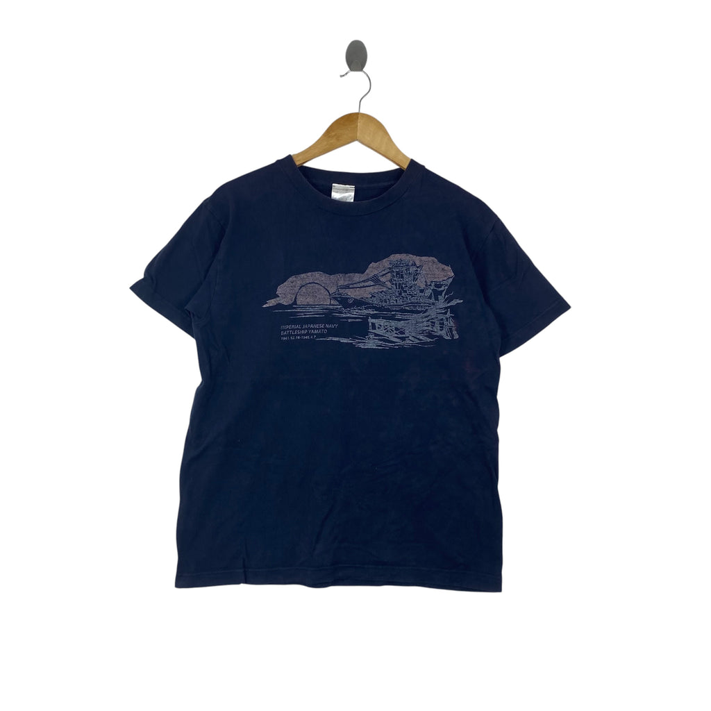 Vintage JAPANESE IMPERIAL Battleship Yamato Graphic Tee Shirt Y2K Military Naval History Print Short Sleeve