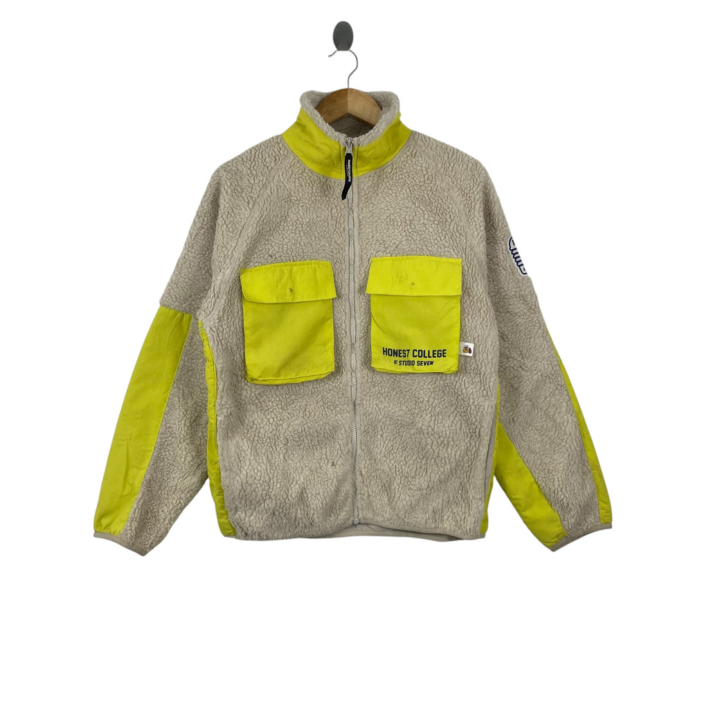 Vintage HONEST COLLEGE by Studio Seven Sherpa Fleece Jacket Contrast Panel Full Zip Utility Pocket Outdoor Streetwear